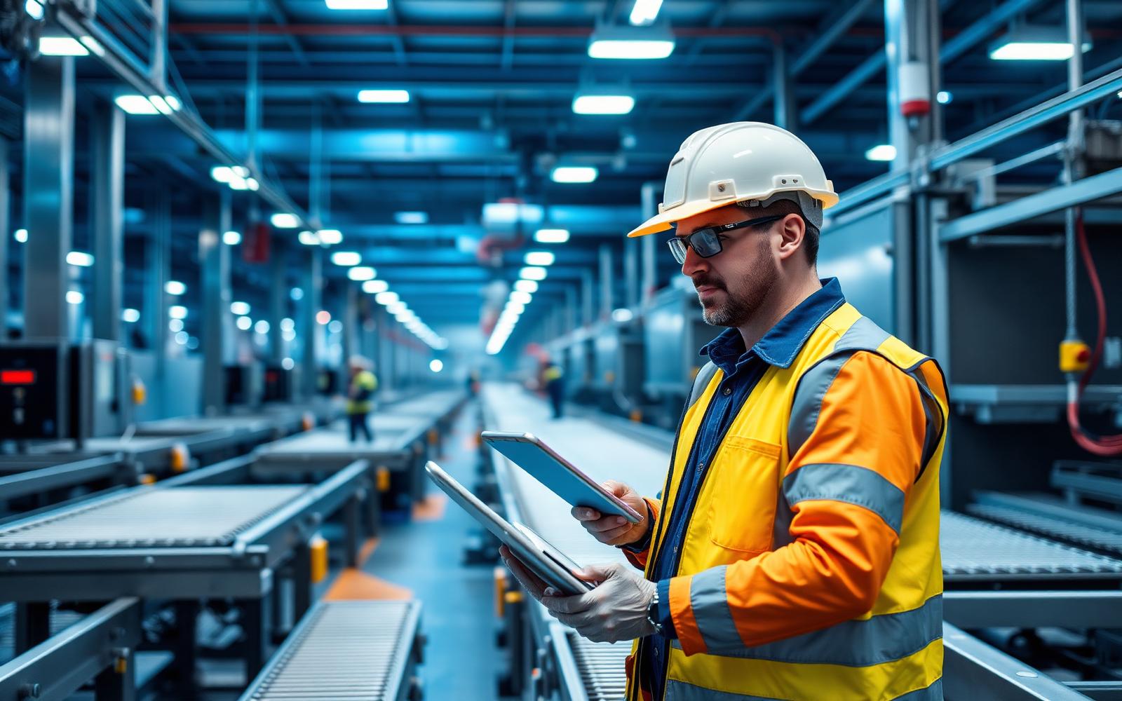 Maintenance engineer scanning a laser-etched stainless steel asset tag on a plant conveyor line